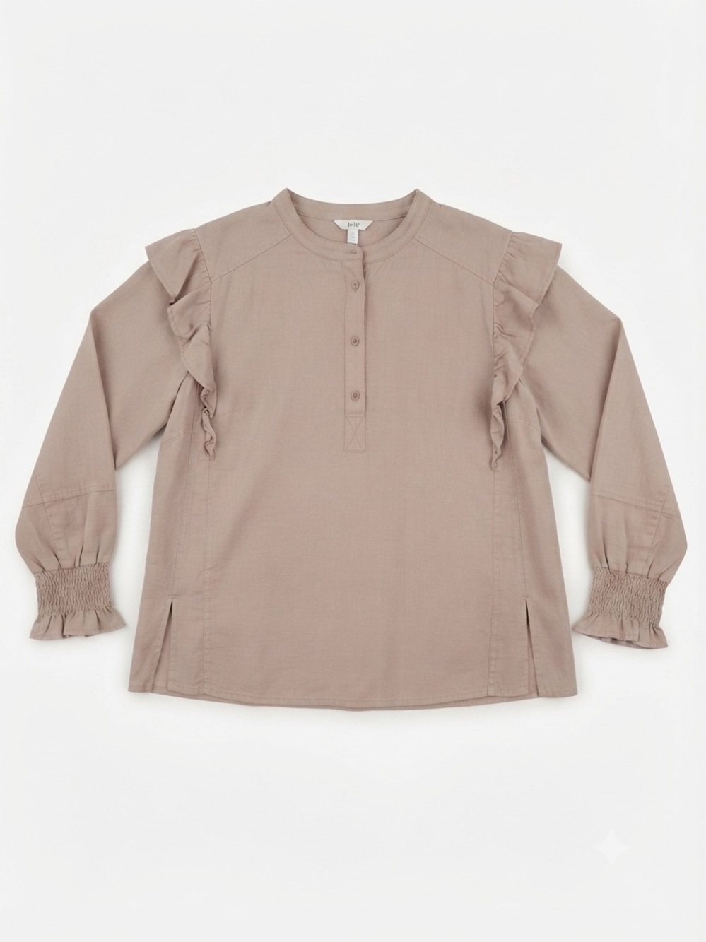 Joie Women S Ruffled Smocked Sleeve Blouse Tan Lyocell Linen Boho Earthy Resort